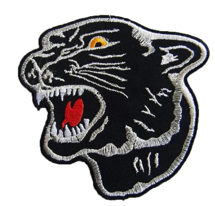 Large Black Panther Head Metallic Embroidered Patch - Rockabilly Tattoo Style