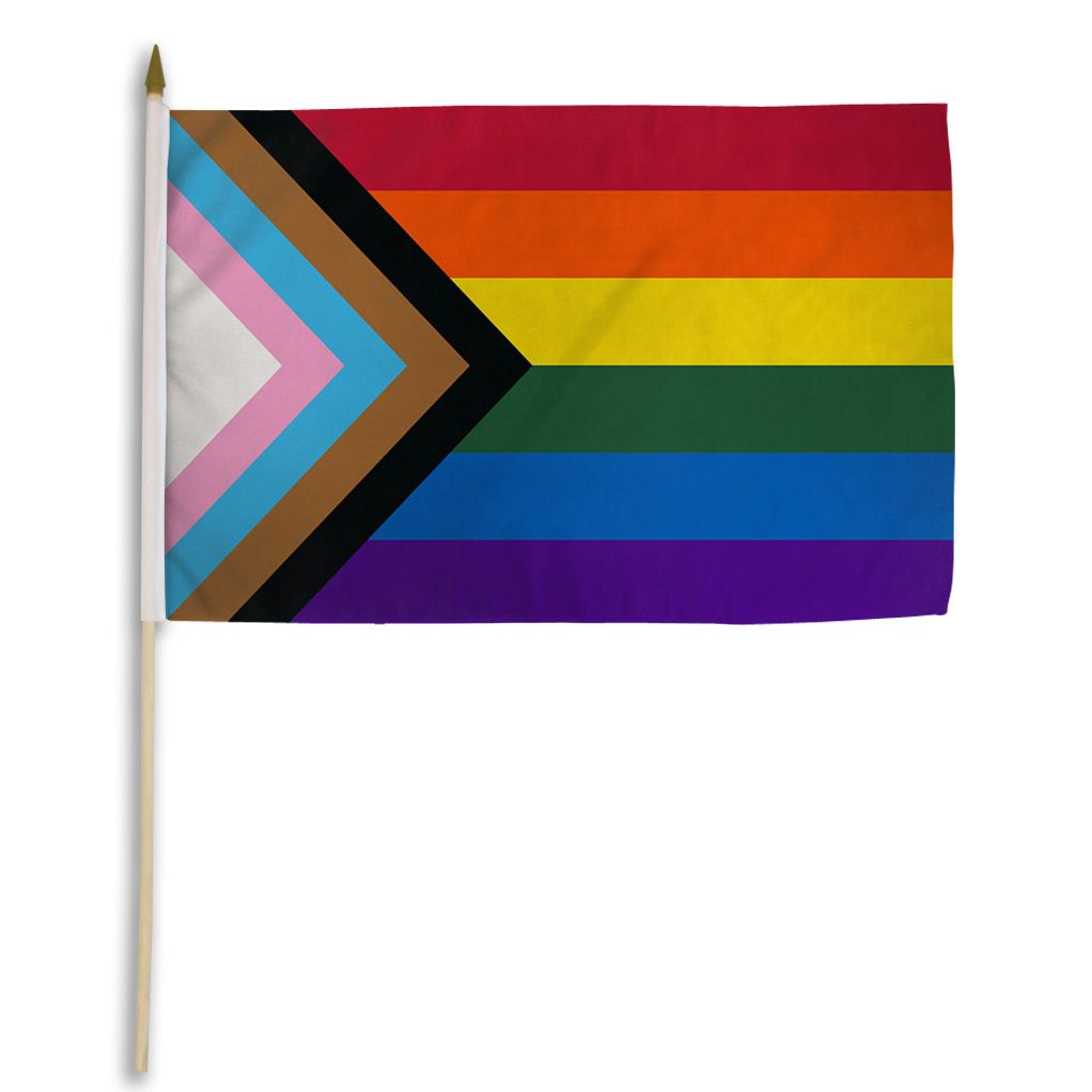 Progress Pride Rainbow Flag On Stick - 30cm x 45cm - LGBTQ Pride