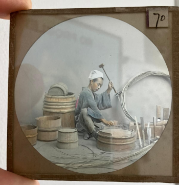 Antique Magic Lantern Glass Slide,  Japanese Barrel Maker
