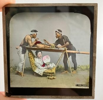 Antique Magic Lantern Glass Slide,  Japanese Geisha in Litter