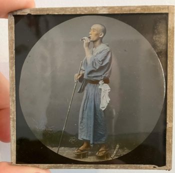 Antique Magic Lantern Glass Slide - Japanese Musician with Sandals and Robe