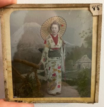 Antique Magic Lantern Glass Slide - Geisha by Mt Fuji
