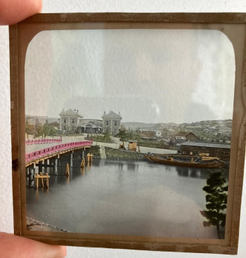 Antique Magic Lantern Glass Slide,  Japanese Scene with Bridge