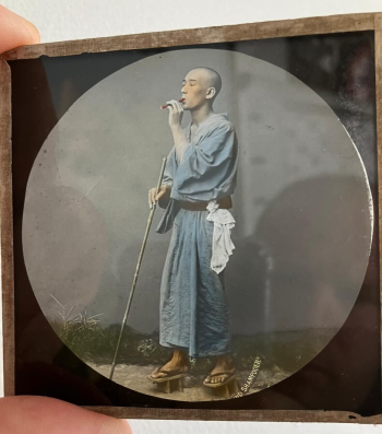 Antique Magic Lantern Glass Slide,  Japanese Monk with Pipe